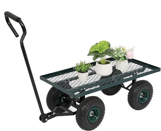 Outvita Metal Deck Garden Cart with 10” Air Tires, Heavy Duty Wagon Cart for Farm, Yard and Cargo (Green)