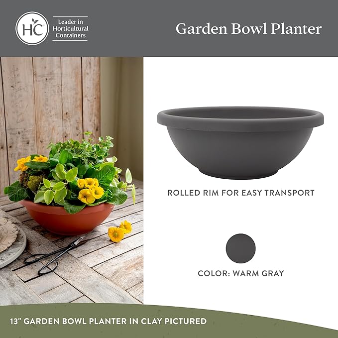 The HC Companies 24 Inch Shallow Garden Bowl Plant Pot with Drainage, Lightweight UV-Resistant Plastic Planters for Succulents, Herbs & More, 2-Pack Planters for Indoor Outdoor Home Decor, Warm Gray
