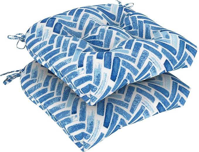 DYTXIII Set of 2 Outdoor Chair Cushions 19"x19"x4", Water Repellent Tufted Patio Seat Cushions with Ties, Thick Replacement Pads for Wicker Dining Chairs, Patio Furniture, Blue Bricks