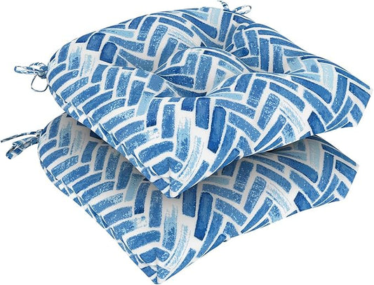 DYTXIII Set of 2 Outdoor Chair Cushions 19"x19"x4", Water Repellent Tufted Patio Seat Cushions with Ties, Thick Replacement Pads for Wicker Dining Chairs, Patio Furniture, Blue Bricks