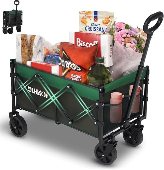 Collapsible Wagon Cart with Wheels Foldable,11 Lbs Lightweight Portable Folding Utility Wagon,90 L Heavy Duty Grocery Shopping Carts,Versatile for Garden Sports Camping Outdoor Use (Army Green)