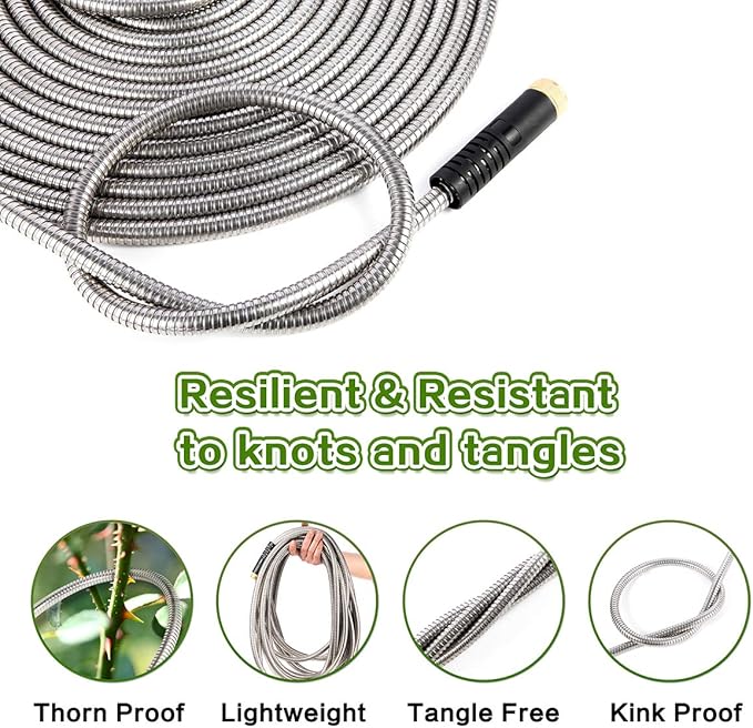 Flexible Metal Garden Hose 25ft-Heavy Duty Water Hose with Durable 304 Stainless Steel and 10 Way Spray Nozzle-Strong 3/4'' Solid Brass Fitting-Outdoor Yard No Kink Lightweight Short Hose Pipe