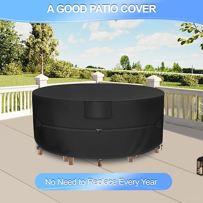 Patio Furniture Set Covers Round, Extra Large Outdoor Table Cover Waterproof, Heavy Duty Outdoor Table and Chair Set Cover of Outdoor Furniture, 110"Dia x 28"H, Black