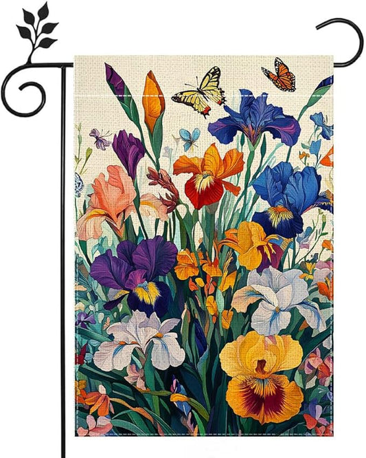 Iris Garden Flag 12x18 Double Sided, Spring Floral Welcome Yard Decor, Farmhouse Outdoor Flag for Lawn Patio Porch