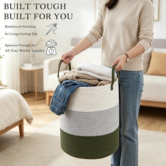 70L Woven Laundry Basket,Large Clothes Hamper with Handles-Green
