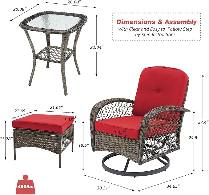 MELLCOM 5 Pieces Patio Furniture Set, Wicker Outdoor Furniture with Ottomans, Rocking Chairs and Glass Coffee Table, Outdoor Swivel Rocker Patio Chairs for Porch, Wine Red