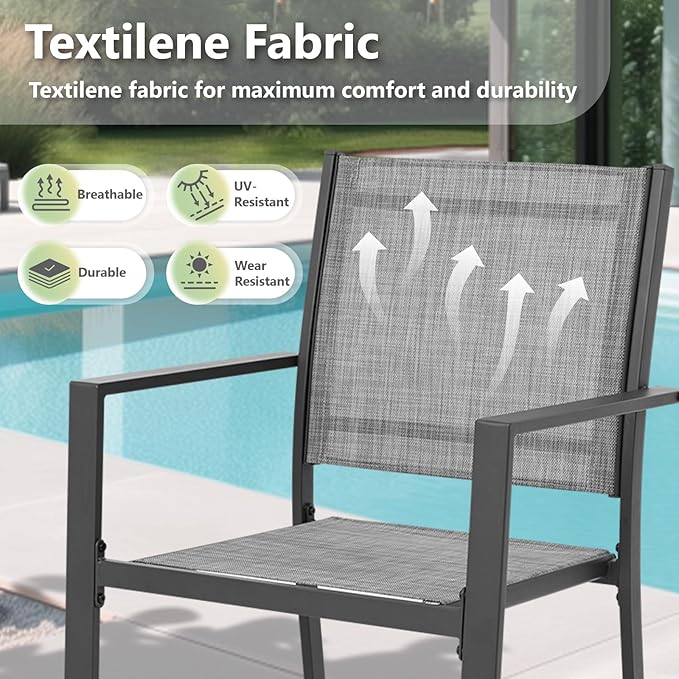 Patio Dining Chairs, All-Weather High-Resilience Textilene Outdoor Dining Chair Set of 2, Heavy-Duty Stackable Minimalist Outdoor Chairs with Armrest, Patio Chairs for Lawn Deck Pool, Grey