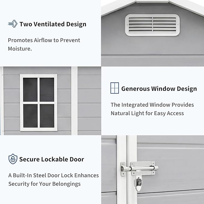 Outdoor Storage Shed with Floor, Plastic Resin Garden Shed with Window & Sloping Roof & Lockable Door for Patio Backyard Garden, Lawn Mower, Bike, Tool Storage (Light Gray, 4' x 6')