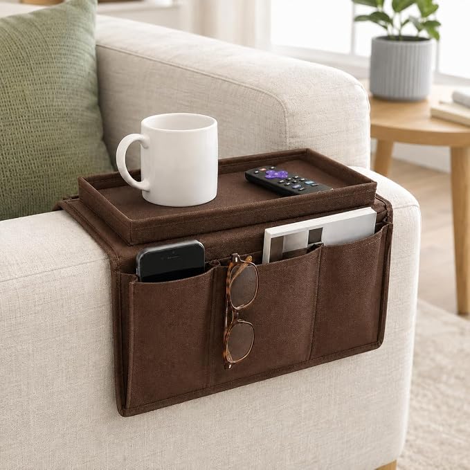 Dependable Industries inc. Essentials Sofa Armrest Table TV Remote Control Organizer Caddy Holder, Drapes Over Sofa Arm 5 Pocket Non-Slip Bottom (Brown)