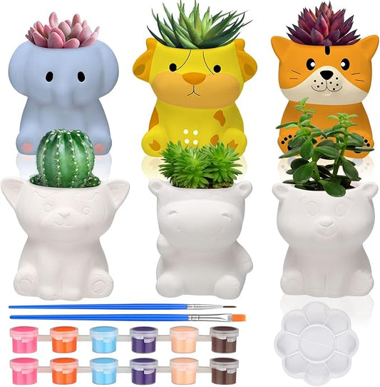 Beeveer 6 Sets Paint Your Own Ceramic Animal Succulent Planters Paintable Animal Ceramic Small DIY Figurines Unpainted Succulent Pots with Drainage Hole for Adults