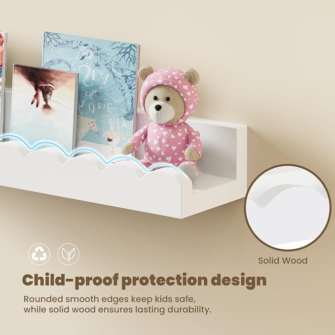 3-Pack Scalloped Shelves, Nursery Shelves, Floating Book Shelves for Wall | White Wall Shelves for Bedroom Kids, Toddler Room, Baby Room, Nursery Decor