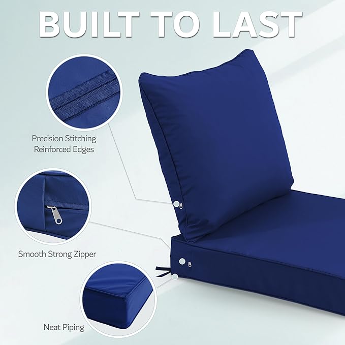 19x19 Inch Patio Chair Cushions Set of 2, Outdoor Furniture Cushions - Removable Cover, Water-Repellent, Fade-Resistant, Non-Slip Bottom & Straps, Replacement for Lawn, Porch & Deck Chair - Navy