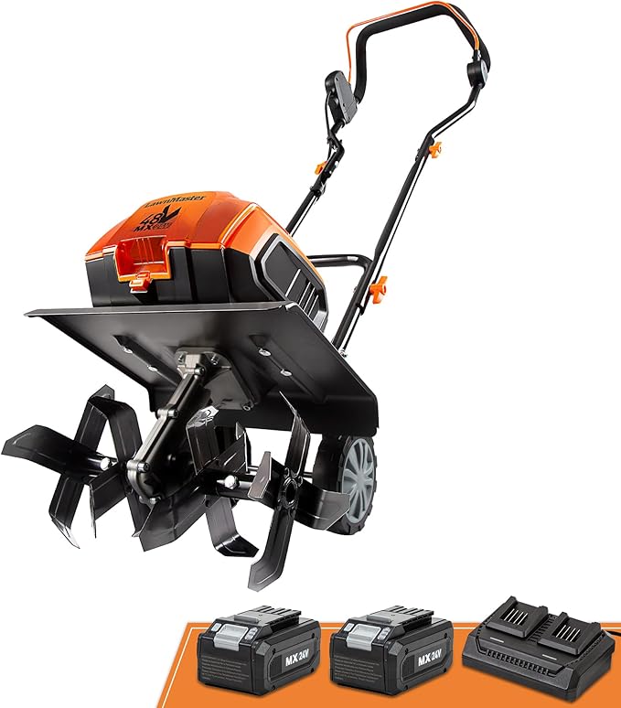 LawnMaster Brushless 48V MAX Cordless Tiller Cultivator with 2X MAX 24V 4.0ah Battery& 1x MX24V Dual Port Charger, 4X Blade, 14.5In Width & 9In Depth-CLTE4814