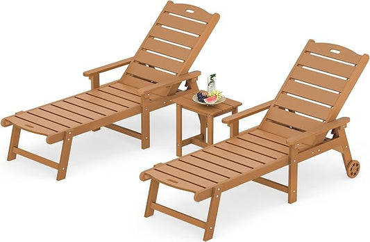 LUE BONA Chaise Lounge Chairs Set with Table, 3-Piece, 79'' Oversized HDPS Chaise Lounger, 5 Positions Adjustable Lounge Chairs, Pool Lounge Chair with Wheels for Poolside, 3 Year Warranty, Teak Color