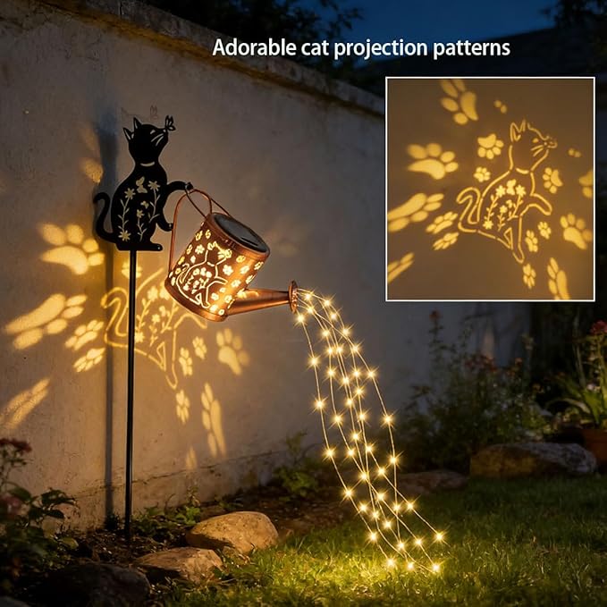 Outdoor Solar Cat Garden Decorative, 2 Pcs Solar Watering Can with Light, Featuring Metal Cat Silhouette Stake, Day Gift for Women, Outdoor Waterproof,for Landscape,Lawn, Garden Path Decor
