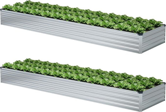 Meberam 2 Pack 12x2x1FT Galvanized Raised Garden Bed Kit, Outdoor Metal Planter Box for Vegetables, Bottomless Rectangular Gardening Bed with Support Rods, Tool-Free Assembly, Silver