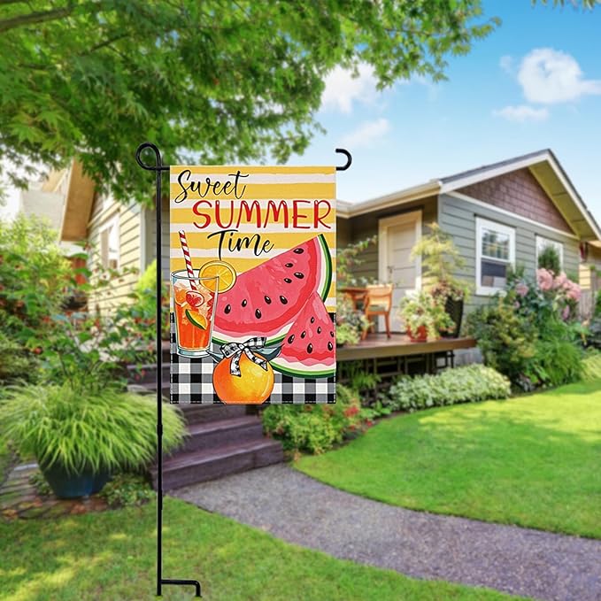 Sweet Summer Time Garden Flag Watermelon Buffalo Plaid 12x18 Inch Welcome Small Flags for Outside, Fruit Double Sided Burlap Juice Lemon Holiday Seasonal Banner Farmhouse Outdoor Yard Decoration