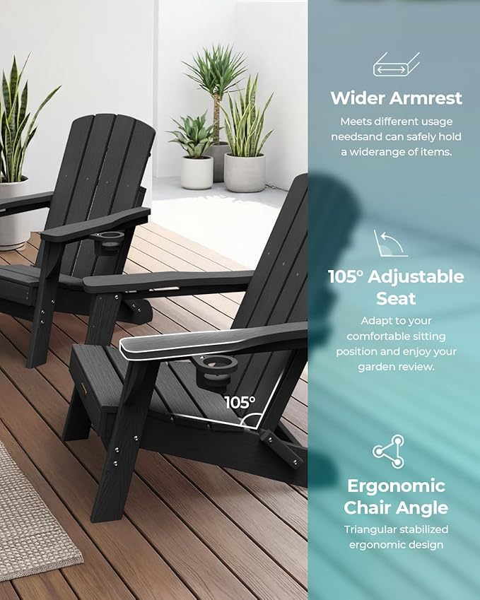 Folding Adirondack Chair 6 Pack, HDPE All-Weather Fire Pit Chairs, Plastic Adirondack Chairs with 2 Cup Holder, Outdoor Lawn Chair for Patio Garden (Black)