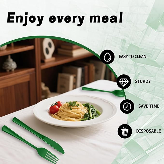 Plastic Silverware 150 PCS Disposable Silverware Heavy Duty Utensil Sets 50 Of Each Forks Knives & Spoons Disposable Cutlery Set For Easter,Birthday,Baby Shower,Garden Party,Wedding(150,Green)