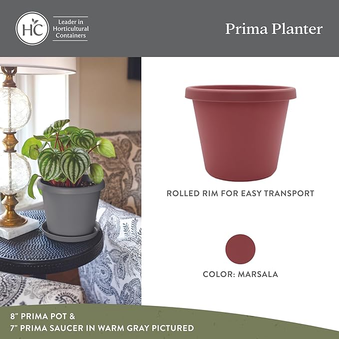 The HC Companies 8 Inch Prima Round Planter Pots with Drainage Holes and Rolled Rim, Lightweight UV-Resistant Plastic Indoor & Outdoor Planters, 4-Pack Flower Pots for Garden & Home Decor, Marsala
