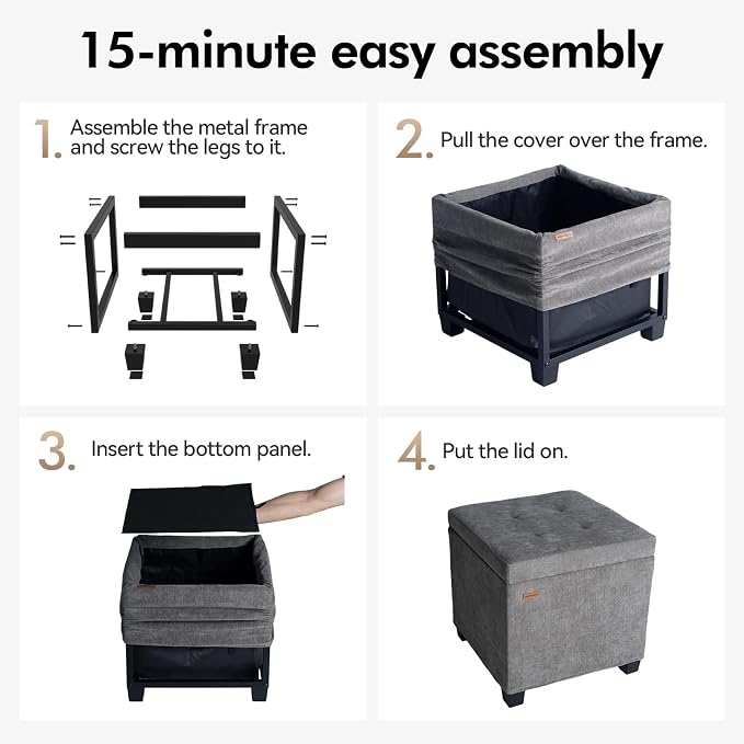ABHENG Steel Frame Square Ottoman with Storage Gray UASND641G | 17.7" x 17.7" x 17.7", Hold 660 lbs, 48L Storage Capacity, Breathalbe Chenille, Removable Lid, for Dorm Living Room