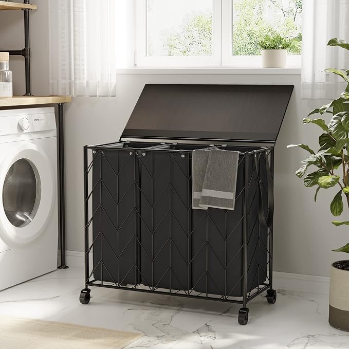WOWLIVE Laundry Hamper 3 Section with Lid, 142L Laundry Basket with Wheels | Rolling Dirty Clothes Hamper with Removable Bags, Large Iron-Made Laundry Basket Organizer Laundry Sorter for Dorm, Black