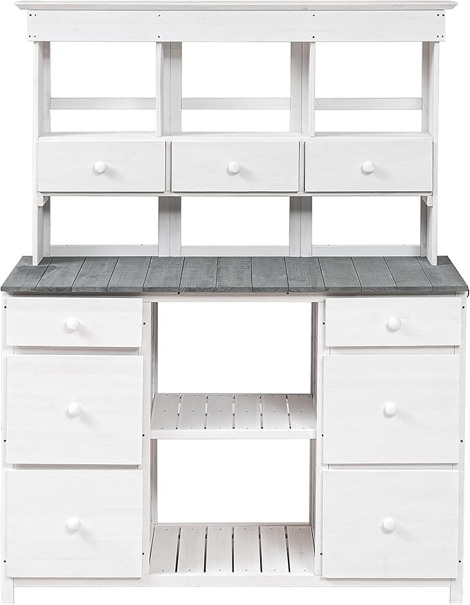 Garden Potting Bench Table, Rustic and Sleek Design Wood Outdoor Garden Work Bench with Multiple Drawers and Shelves for Storage,Patio Workstation for Garden, Patio, and Backyard (White+Gray#018)