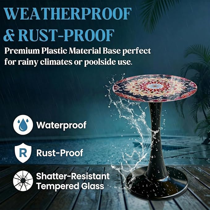 Simmer Stone 13.4" Outdoor Side Table, Round Patio Bistro Table Printed Tempered Glass Top, Waterproof Rust-Proof Base, Small Plant Stand for Balcony, Garden, Deck, 21.6" H (Ochre Color)