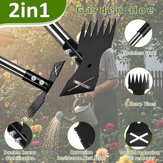 Weed Puller Tool with Long Handle-Vertical Adjustable Weeder, 2-in-1 Garden Hoe and Weeding Rake Combination, Weeding Tool for Garden, Lawn, Farm and Courtyard
