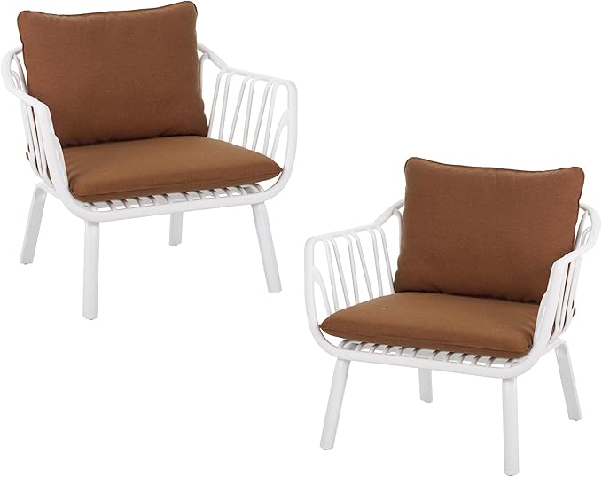 Christopher Knight Home Set of 2 Huron Indoor/Outdoor Polypropylene and Iron Frame Club Chairs, Patio Conversation Seating/Armchair for Garden, Backyard, Poolside, Removable Cushions, White+Brown