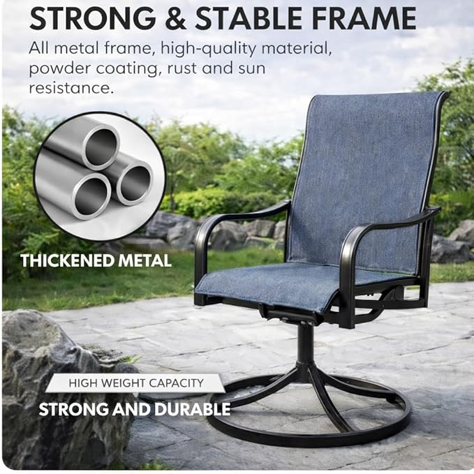 Kozyard Patio Swivel Dining Chairs Set of 2, 360 Swivel Rock Chairs Textilene High Back and Wrought Iron Frame for Poolside Backyard Deck Lawn Garden (NavyBlue, Swivel)