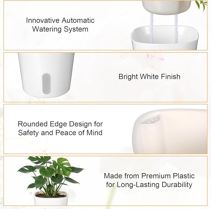 8 Sets Self Watering Pots for Indoor Plants, 4 Inch White Small Self Watering Planters Plastic Garden Pots with Water Level Indicator & Vents for All House Plants, Flowers, Succulents