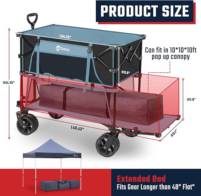 Sekey 500LBS Heavy Duty Double Decker Wagon with Extender, 400L Large Capacity Collapsible Garden Cart Fits 10x10 Canopy, All-Terrain Big Wheels with Brakes, Foldable Utility Wagon for Sports, Camping