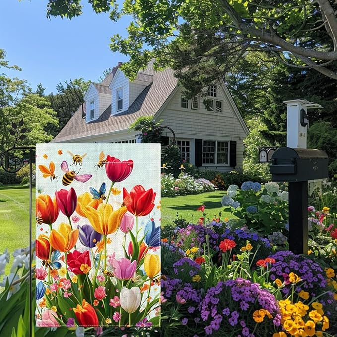 Spring Summer Tulip Garden Flag 12x18 Inch Double Sided, Colorful Welcome Yard Decor, Farmhouse Outdoor Flag for Lawn Patio Porch