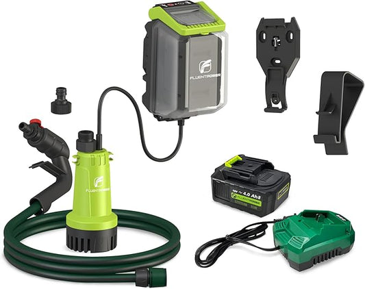 FLUENTPOWER Cordless Submersible Water Pump Kit, 18V 4Ah Battery Operated 530GPH 66FT 2 Bar Portable Transfer Sump Pump with G3/4" Garden Hose, for Water Tank Pool Pond Boat Rain Barrel