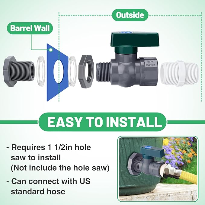 Easy Install Rain Barrel Spigot Kit - 3/4 Inch Rain Barrel Valve with Hose Faucet Adapter Thread Sealing Tape, Durable PVC Barrel Diverter Kit for Garden Barrels Water Tanks Aquariums