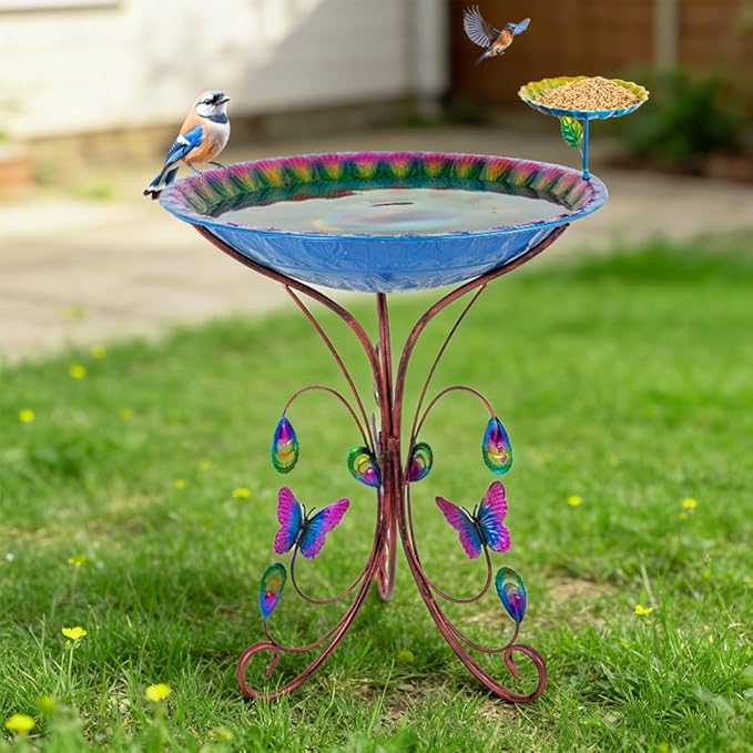 VEWOGARDEN 20" Dia Large Bird Bath for Outside, Metal Outdoor Birdbath with Stand & Feeding Tray for Garden, Yard, Patio Decor