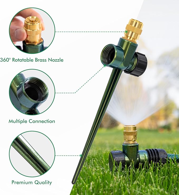 RESTMO 3 Pack Heavy-Duty Full-Metal Lawn Sprinkler for Yard with Durable Brass Nozzle, Premium Spike Base, 360° Large Area Coverage Lawn Sprinkler for Patio and Garden Irrigation
