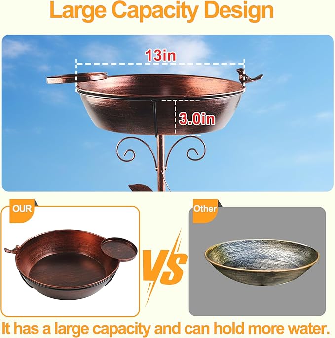 3" Deep 40" Tall Metal Bird Bath for Outdoors, 13" Dia 2-in-1 Removable Bird Baths Feeder Water Bowl, Vintage Standing Birdbaths with Stable Stake for Garden Yard Lawn Decor 1.5 Gallon