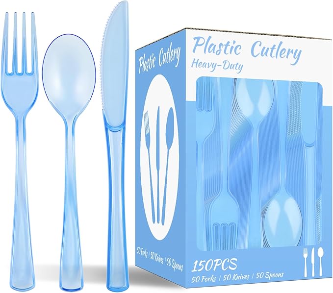 150 PCS Plastic Silverware Disposable Silverware Heavy Duty Utensil Sets 50 Of Each Forks Knives & Spoons Disposable Cutlery Set For Easter,Birthday,Baby Shower,Garden Party,Wedding(150,Light Blue)