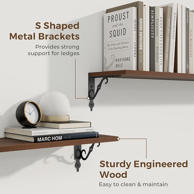 RICHFOCUS Floating Shelves for Wall Decor, 24Inch Shelves Set of 2, 24W x 8D Floating Shelves Wall Mounted with Metal Brackets, Rustic Wood Shelves for Living Room Bedroom Kitchen, Walnut