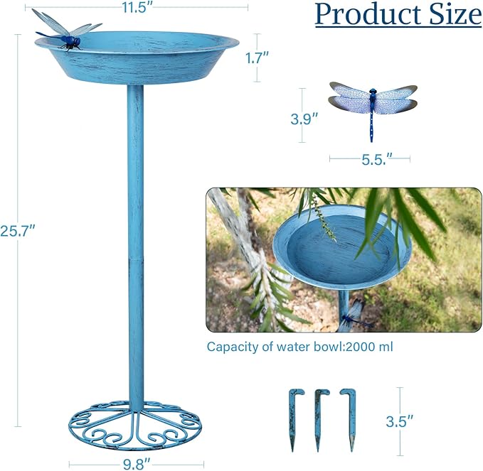 WANGIRO Stand Bird Baths for Outdoors 12 Inch Outdoor Garden Bird Feeder Metal Birdbath with Magnetic Dragonfly for Backyard Birding Freestanding for Garden Yard and Lawn Decoration-Blue