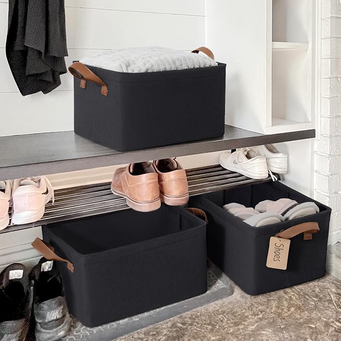 CHICVITA 30L Large Fabric Closet Bins for Shelves, 2Pack, Black | 16 ¾" L x 11" W x 9 ¾" H Storage Baskets for Clothes, Toys & Towels, Fits Bedroom & Living Room Organization, Leather Handles
