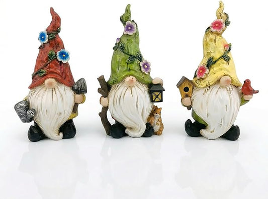 GoGnome 3-Pack Spring Garden Gnome Figurines, 6.5" Resin Decorative Gnomes with Lantern, Birdhouse & Watering Can, Indoor Outdoor Tabletop Home Yard Lawn Decor (Multicolor)