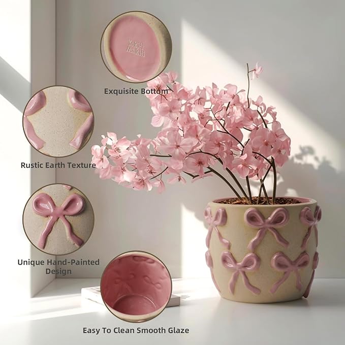 Ceramic Flower Pots for Indoor and Outdoor Plants, Succulent Orchid Round Clay and Terracotta Planter for Garden Home Modern Decoration 5.3 Inch (Pink Bow, Without Saucers)