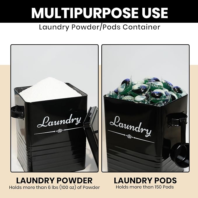 Farmhouse Metal Laundry Detergent Pod Container With Dryer Sheet Holder | Laundry Room Organization & Storage Containers for Powder, Pods, Dryer Sheets & Beads, Holds Over 200 Pods and 300 Sheets