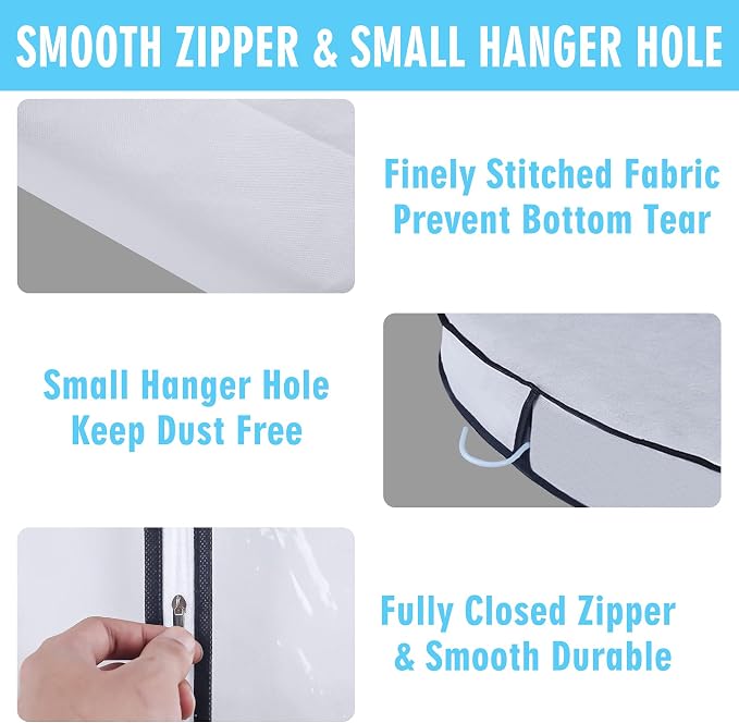 60" Garment Bags for Hanging Clothes, Clear Proof Suits Covers with 4" Gussets for Closet Storage and Travel Hanging Clothes Bag for Coat, Sweater, Jacket, Dress, Shirts (3 Pack - 60")