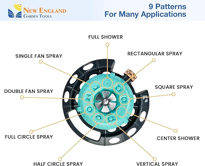 Multi-Pattern Spot Sprinkler 400001 - Adjustable 9 Spray Patterns, Heavy-Duty Metal Base, Decorative Turret Design, Versatile Lawn & Garden Watering, Durable Build by New England Garden Tools