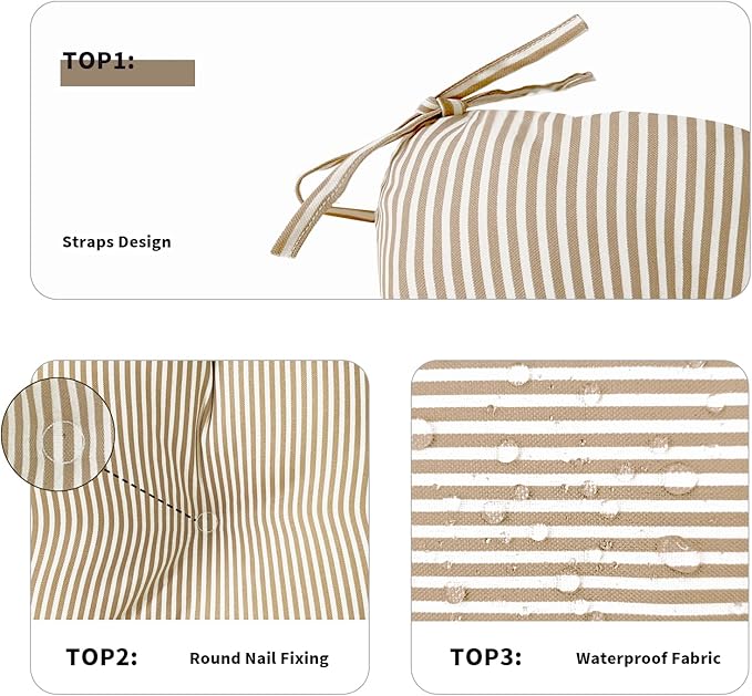 DYTXIII Set of 2 Outdoor Chair Cushions 19"x19"x4", Water Repellent Tufted Patio Seat Cushions with Ties, Thick Replacement Pads for Wicker Dining Chairs, Patio Furniture, Stripe Beige