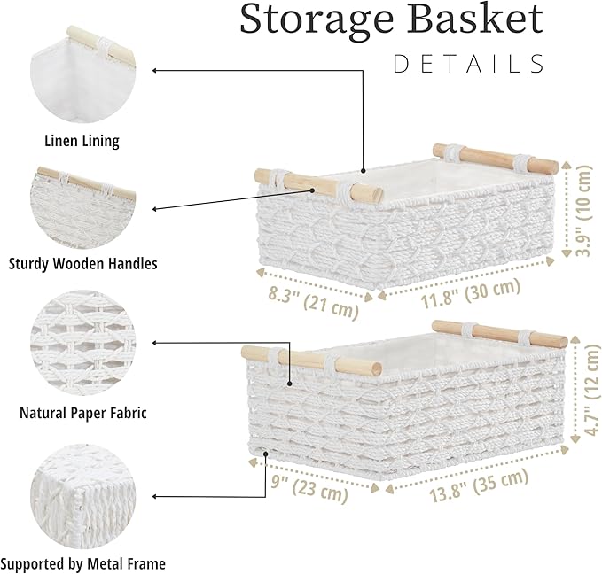 DECOMOMO White Wicker Baskets, Back of Toilet Basket | Bathroom Basket Organizer, Countertop, Home Decor (Set of 2, White)